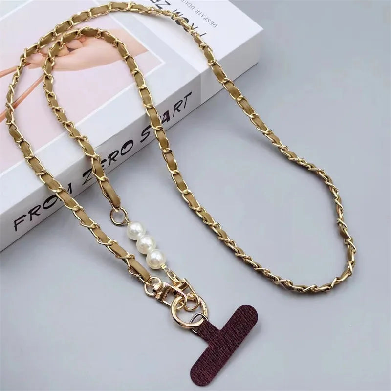 Pearl Leather Chain Mobile Phone Strap Long Crossbody Anti-Loss Shoulder Cord with Metal Pendant for Women