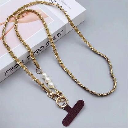 Pearl Leather Chain Mobile Phone Strap Long Crossbody Anti-Loss Shoulder Cord with Metal Pendant for Women