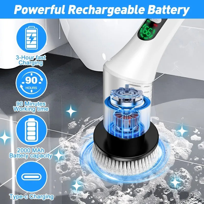 Electric Spin Scrubber 9 in 1 Cordless Cleaning Brush Telescopic Handle LED Display Wireless Bathroom Kitchen Floor Tile Cleaner