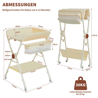 Himiss Folding Baby Changing Table Height Adjustable Metal & Fabric Large Storage Space Safety Belt Wheels for Newborns & Infants