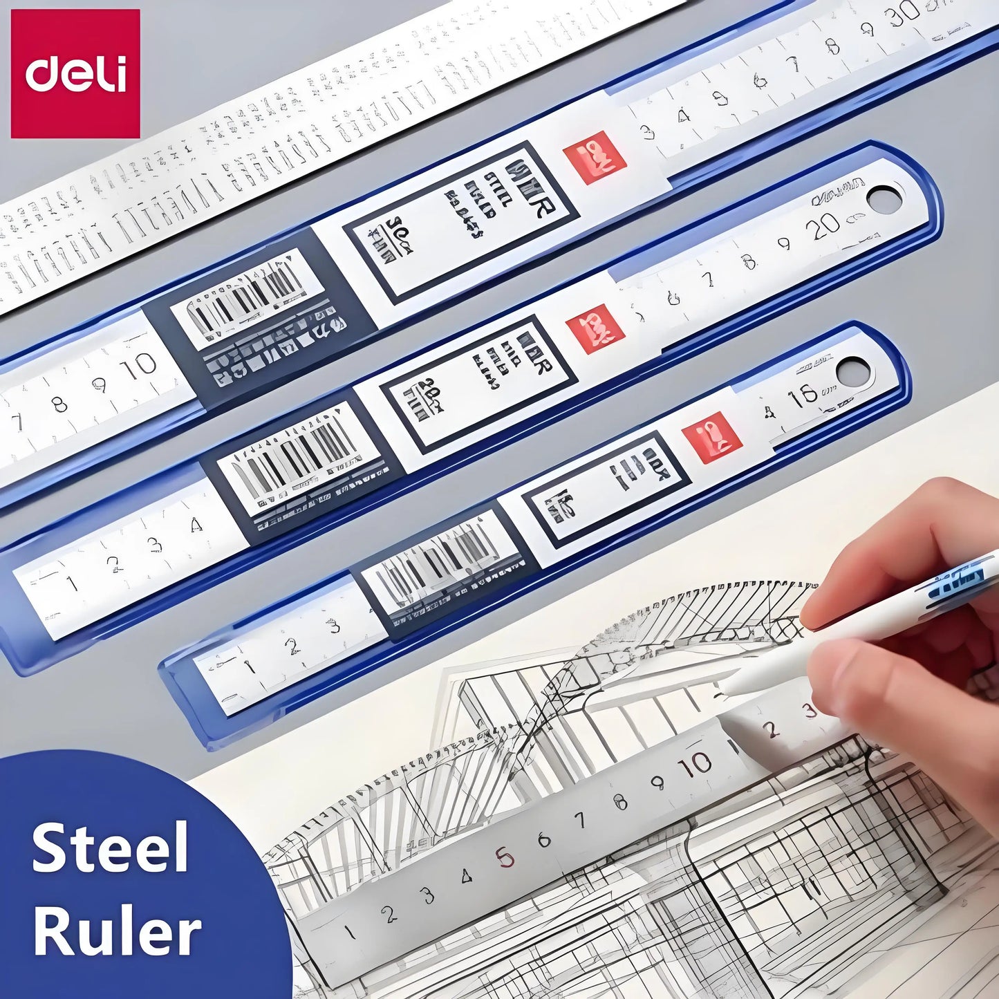 DELI Metal Ruler Precison Clear Marking Craft Wood Working Draft Measure Tool