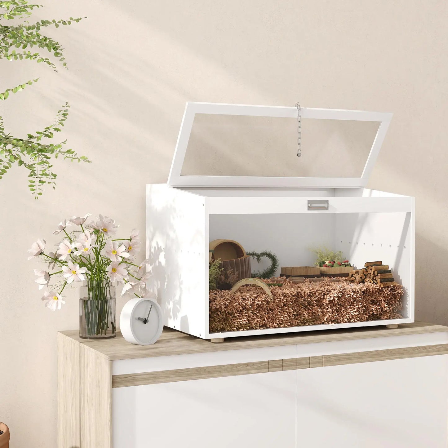 White hamster cage 80x50x50 cm plastic with a hinged lid & acrylic window for small animals