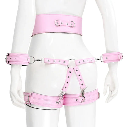 Professional BDSM Red Leather Harness Set Collar Handcuffs Restraint Kit for Women Slave Role Play Fetish Gear Adult Game Toy