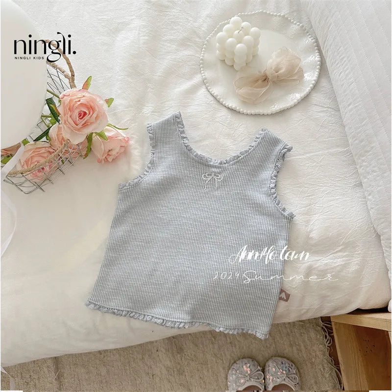 Girls' Ribbed Camisole with Embroidery & Ruffle Trim – Soft Spaghetti Strap Tank Top for Summer, Layering or Beach Wear