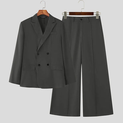 INCERUN Men Sets Solid Color Double Breasted Long Sleeve Blazer & Pants Two Pieces Sets Streetwear Fashion Casual Men's Suits