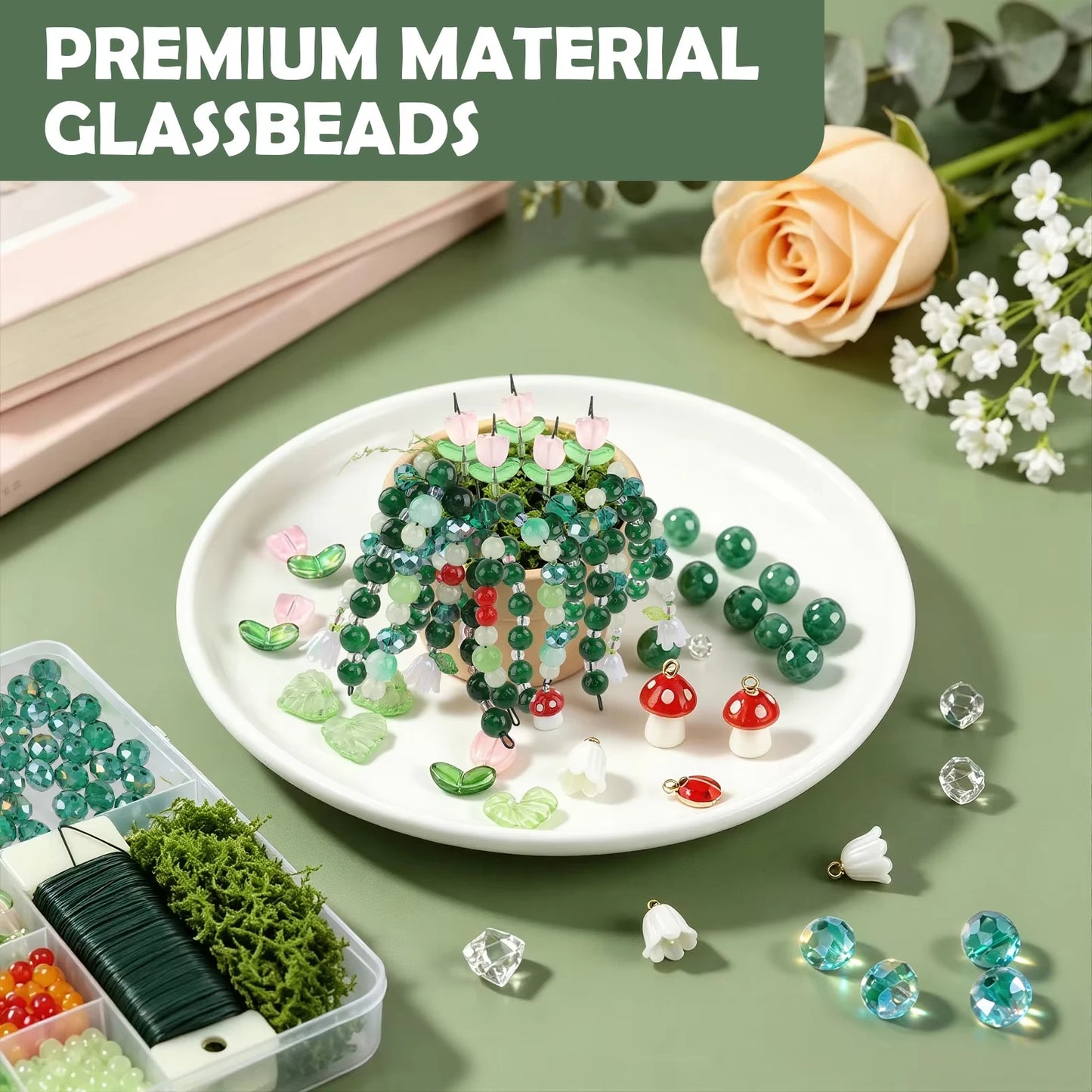 DIY Craft Succulent Plant Glass Bead Set for Handmade Jewelry Ornament Making Supplies with Leaves and Flower for Art Decoration