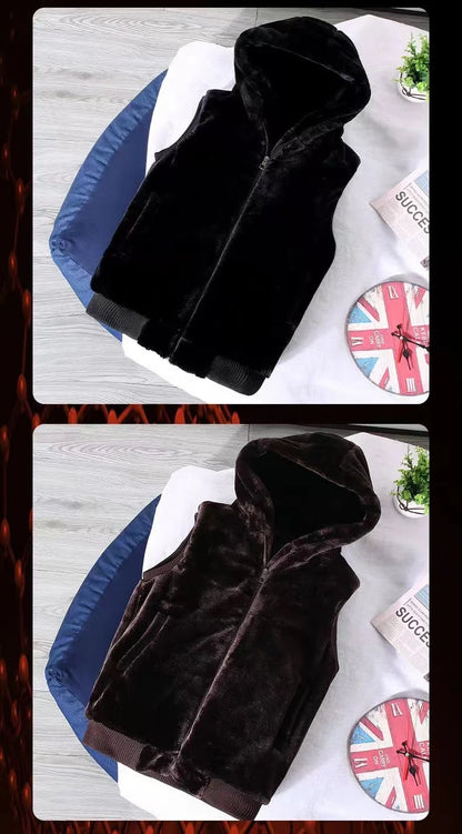 2026 Autumn Winter Men's Thicked Golden Velvet Warm Vest Fashion Solid Sleeveless Zipper Hooded Jacket Fake Fur Couple Waistcoat
