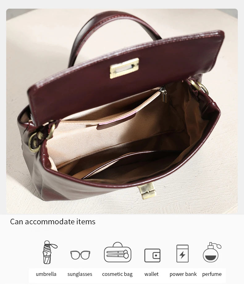 Genuine Leather Top Handle Crossbody Bag for Women Vintage Oil Wax Leather Shoulder Bag Small Luxury Designer Satchel Handbag