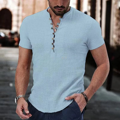 New Men's Short Sleeve Tshirt V neck button Cotton Linen Shirt Men's Casual Clothes Popular Tops for Men