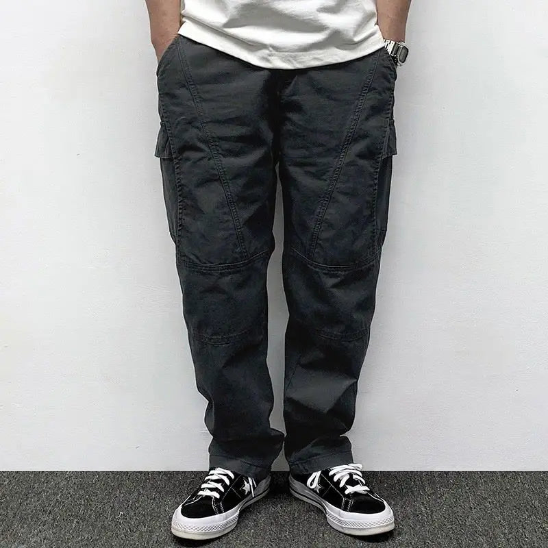 Autumn Men's Pants Multi-Pocket Cargo Pants Retro Solid Color Simple Loose Button Elastic Strap Casual Pants