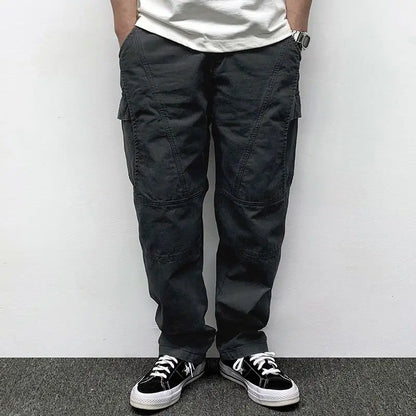 Autumn Men's Pants Multi-Pocket Cargo Pants Retro Solid Color Simple Loose Button Elastic Strap Casual Pants
