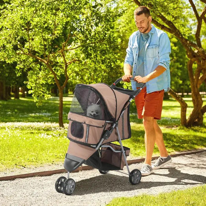 Coffee Foldable Dog and Cat Stroller Buggy, Suitable for Small Pets Weighing up to 10kg, Pet Travel Carrier Stroller with Comfort Cushion, Breathable Mesh Windows, Cup Holder and Extra Storage Bag for Daily Outdoor Use