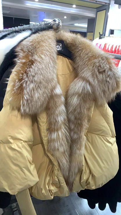 Oversized Winter Warm Real Fox Fur Collar Black Down Coat Women Puffer Outerwear Jackets 2024 Autumn Winter