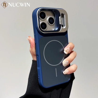 Alloy Lens Camera Holder Cases For iPhone 17 16 15 14 13 12 11 Pro Max For Magsafe  Magnetic Stand Hard PC Wireless Charge Cover