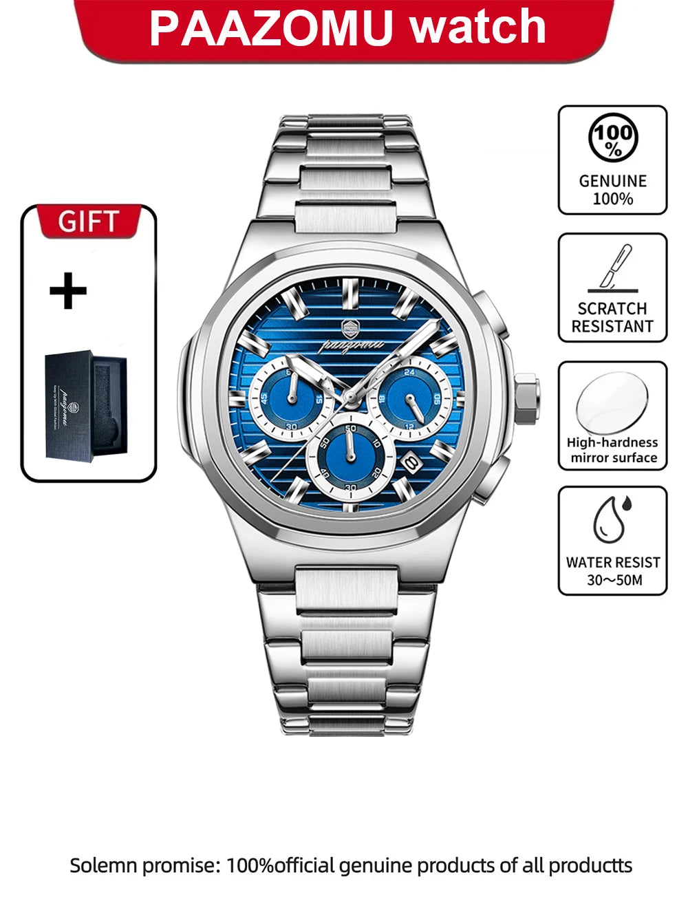 PAAZOMU Fashion Brand Man Wristwatch Waterproof Stainless Steel Luminous Men Watch Chronograph Date Luxury Quartz Men's Watches