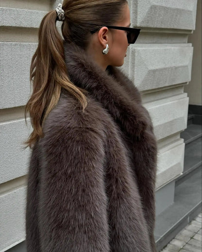 Faux Fox Fur Coats Women Solid Mid Length Jackets Lapel Collar Long Sleeve Furry Outerwear Thick Loose Casual 2025 Autumn Winter