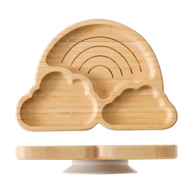Baby Wooden Tableware Set Wooden Handle Fork Spoon Could Bamboo Wooden Plate Bowl Silicone Suction for Children Feeding Supplies
