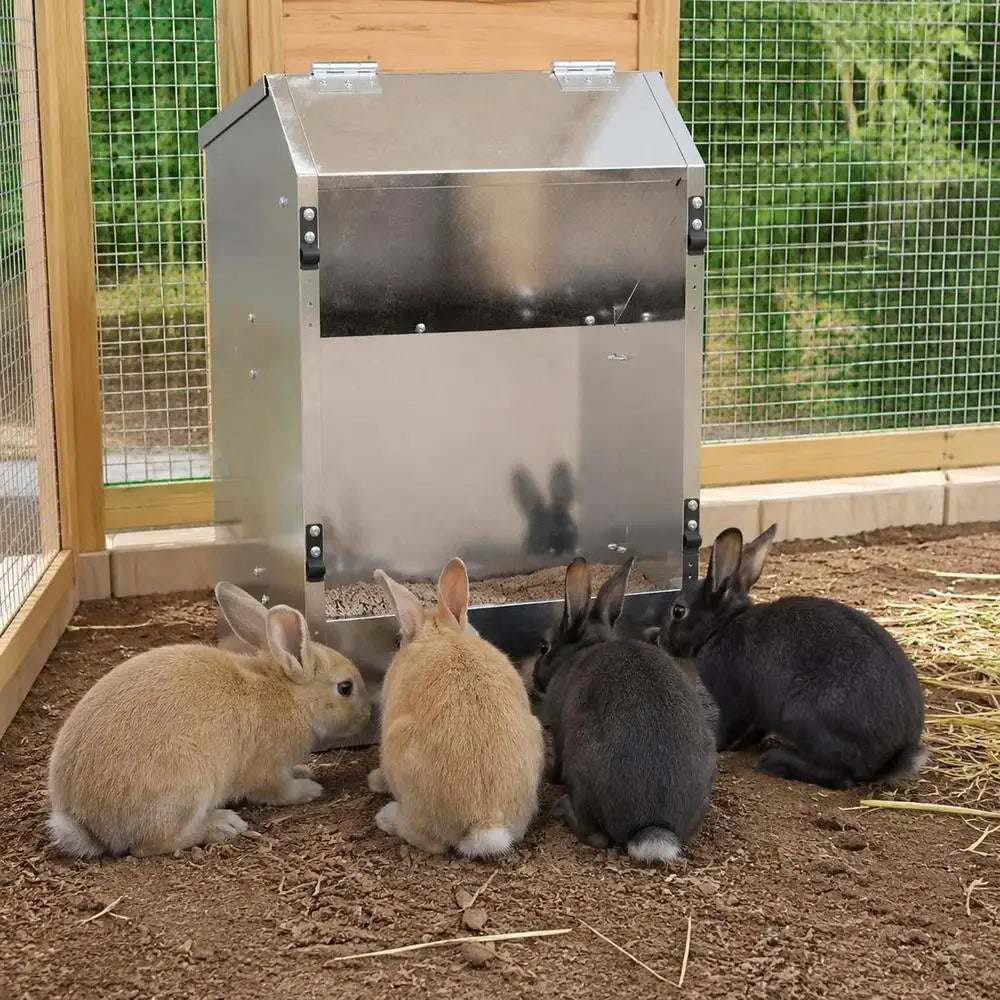 33.5x25.5x45.5 Cm Rabbit Feeder, Galvanized Steel Automatic Food Dispenser, Easy To Clean Large Capacity, Indoor Outdoor Use, Silver