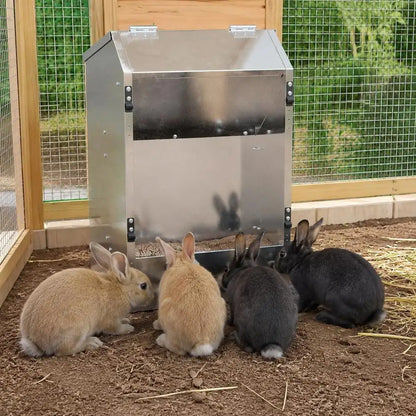 33.5x25.5x45.5 Cm Rabbit Feeder, Galvanized Steel Automatic Food Dispenser, Easy To Clean Large Capacity, Indoor Outdoor Use, Silver