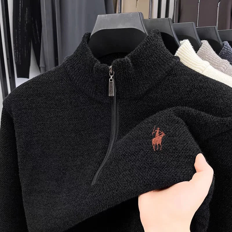 High quality half zipper knitted sweater men fashion luxury brand embroidery designer new top plush warm thick casual men's wear