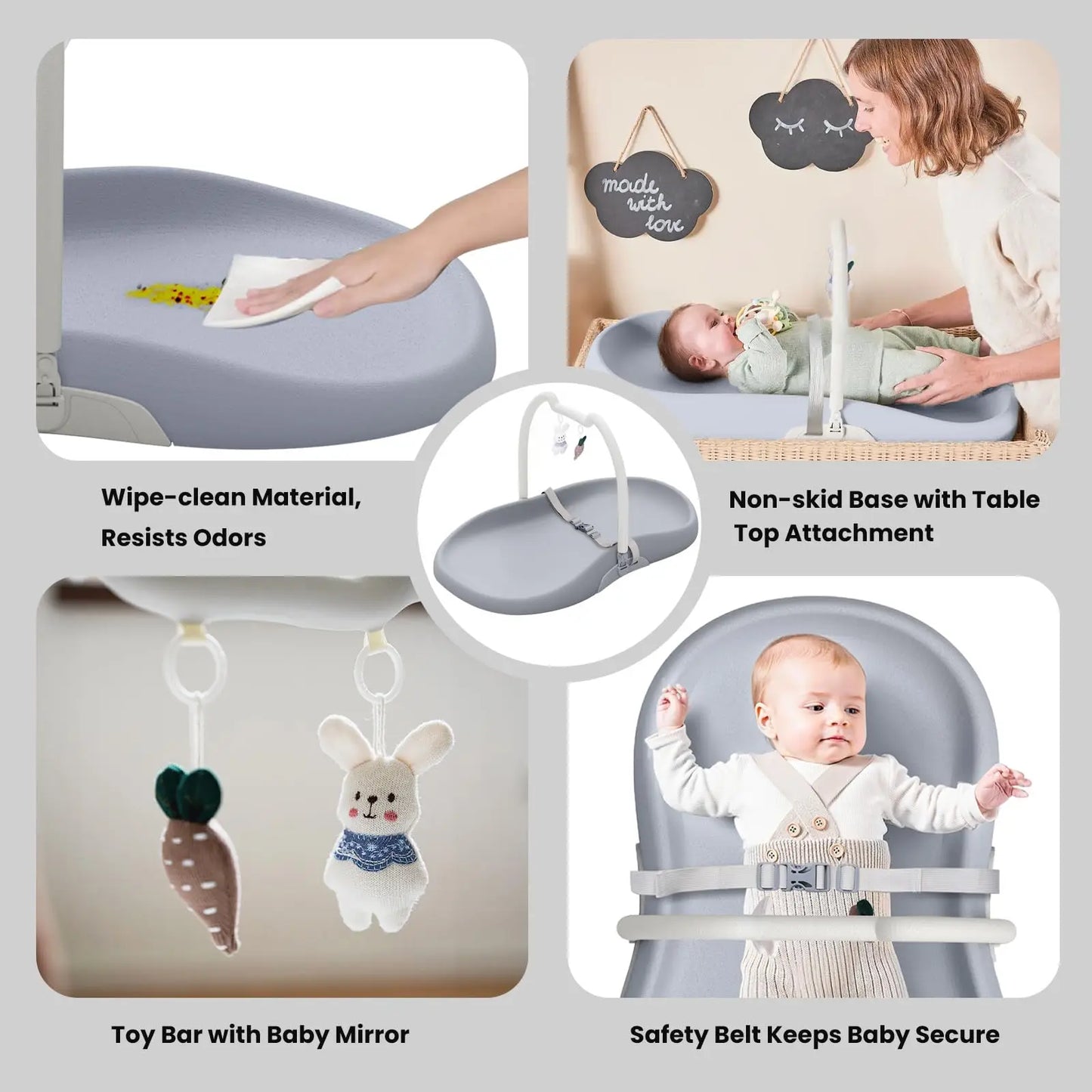 Wipe Clean Baby Changing Mat, Waterproof Non-slip Diaper Changing Pad with Detachable Safety Seat Belt, Sturdy Durable Changing Mat for Dresser, Bed, Home Indoor Newborn Infant Diaper Changing Use