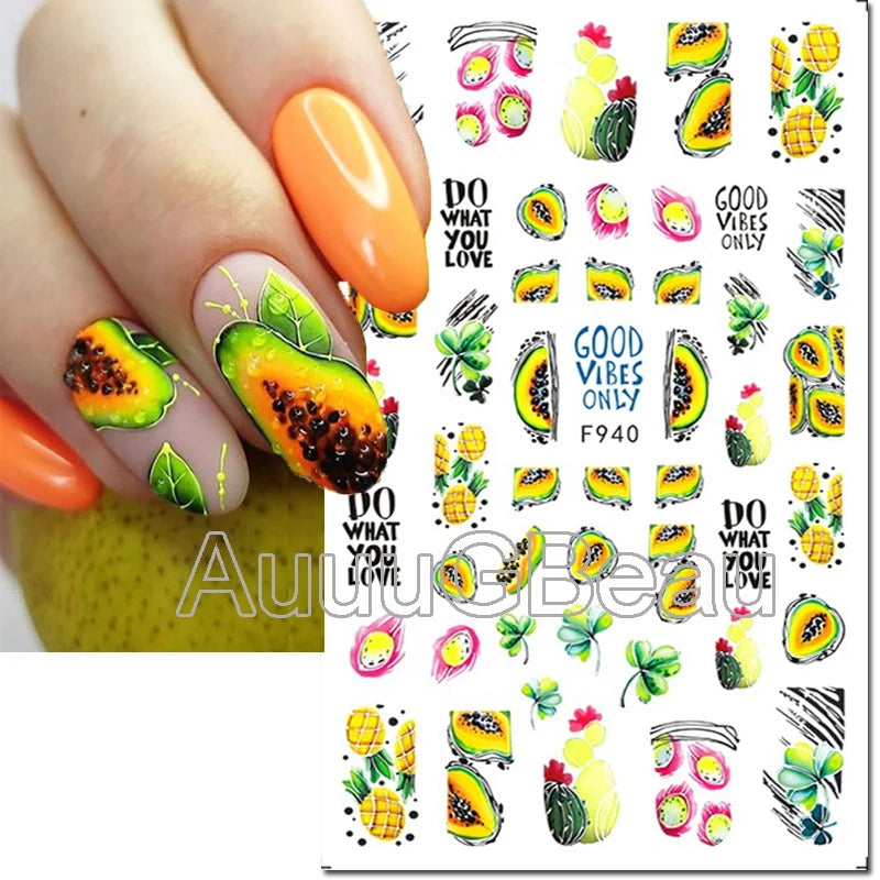 3d Nails Art Decals Spring Fruits Pink Full Tips Peony Magnolia Flowers Adhesive Sliders Stickers Decoration For Nails Manicure
