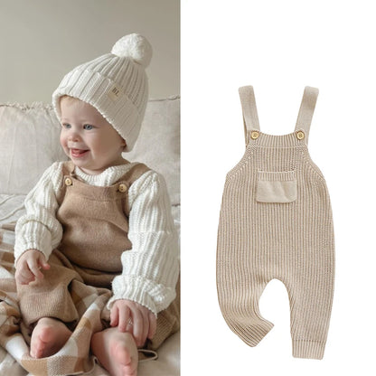 FOCUSNORM 0-3Y Winter Baby Boys Girls Overalls Jumpsuits Sleeveless Front Pocket Solid Color Knitted Romper Outfit