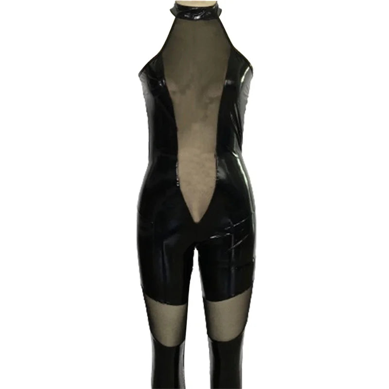 Women Centre Mesh Splice Backless Jumpsuit Glossy Patent Leather Temptation Uniform Tight Stretch Pencil Pants Nightclub Rompers