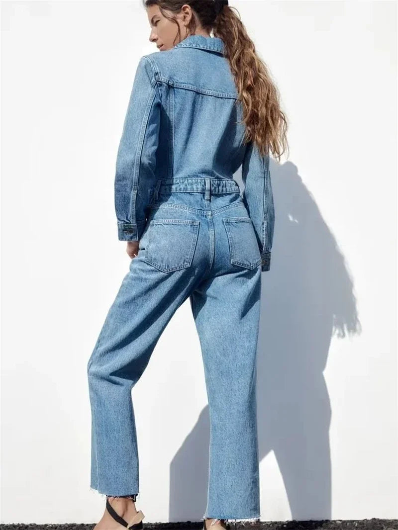 Streetwear Jeans Jumpsuits Fall Clothes 2024 Women Full Sleeve Long Pants Denim Rompers Playsuits One Pieces Set Overalls Outfit