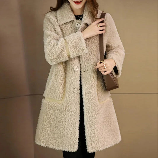 Female Winter Slim Grain Wool Middle Long Coat Women New Middle-Aged And Elderly Cashmere Thickened Imitation Lamb Wool Overcoat