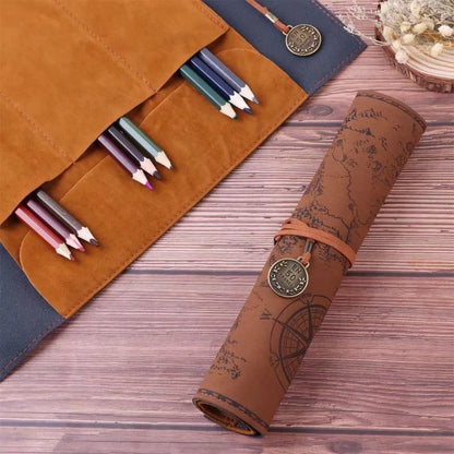 1PC Creative Treasure Map Retro Pencil Case Leather Large Capacity Roll Pencil Bag Embossed Buckle Simple Stationery Box Roll Po