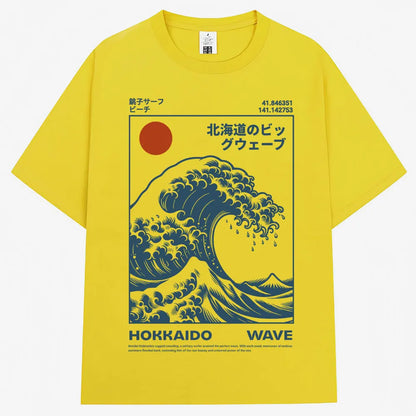 Japanese Style Hokkaido Wave Vintage T-shirt Men Women Harajuku Fashion High Quality T Shirts Oversized Cotton Summer Tee Shirt