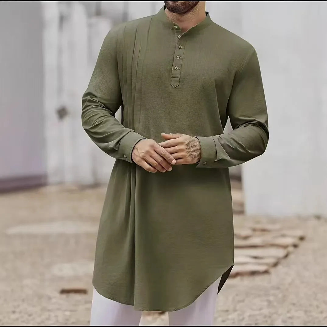Men's Muslim Dress Long-sleeved Clothing 100% Cotton Pullover Kaftan Robe Men Jubba Thobe Pakistan Saudi Arab Caftan Islamic Top