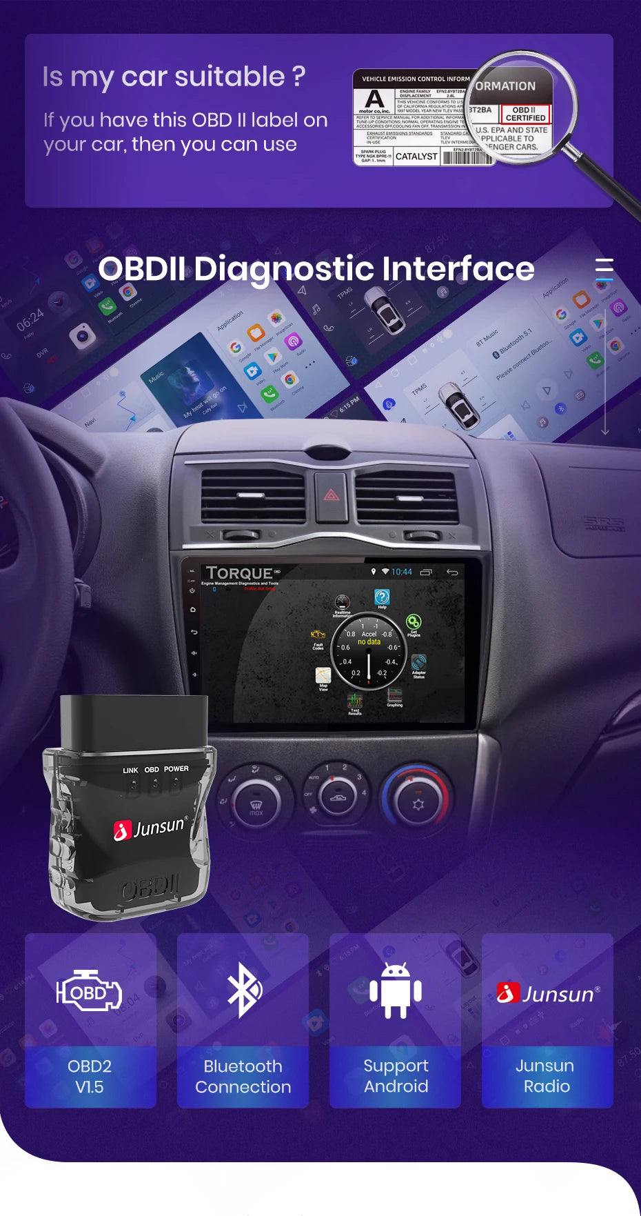 Junsun Mini Auto Scanner ELM327 Bluetooth 4.0 compatible OBD2 V3 Adapter Car Diagnostic Tool Scan Tool for Car Accessories