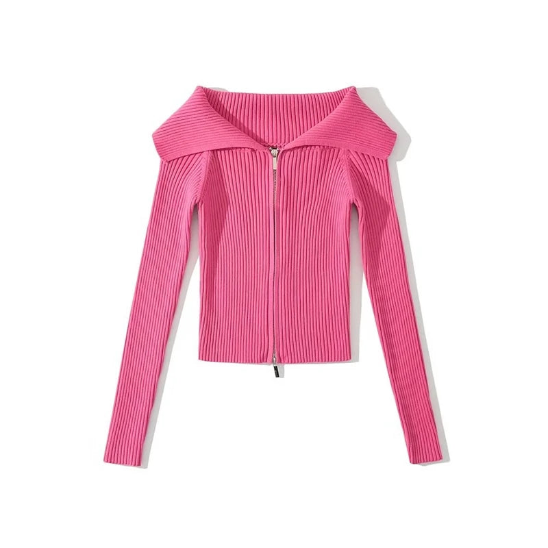 LUNDUNSHIJIA 2026 New Autumn Women Elegant Thickened Zipper Sweaters For Women Rose Red Fashion Short Female Cardigan 4 Colors