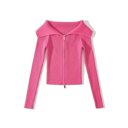 LUNDUNSHIJIA 2026 New Autumn Women Elegant Thickened Zipper Sweaters For Women Rose Red Fashion Short Female Cardigan 4 Colors