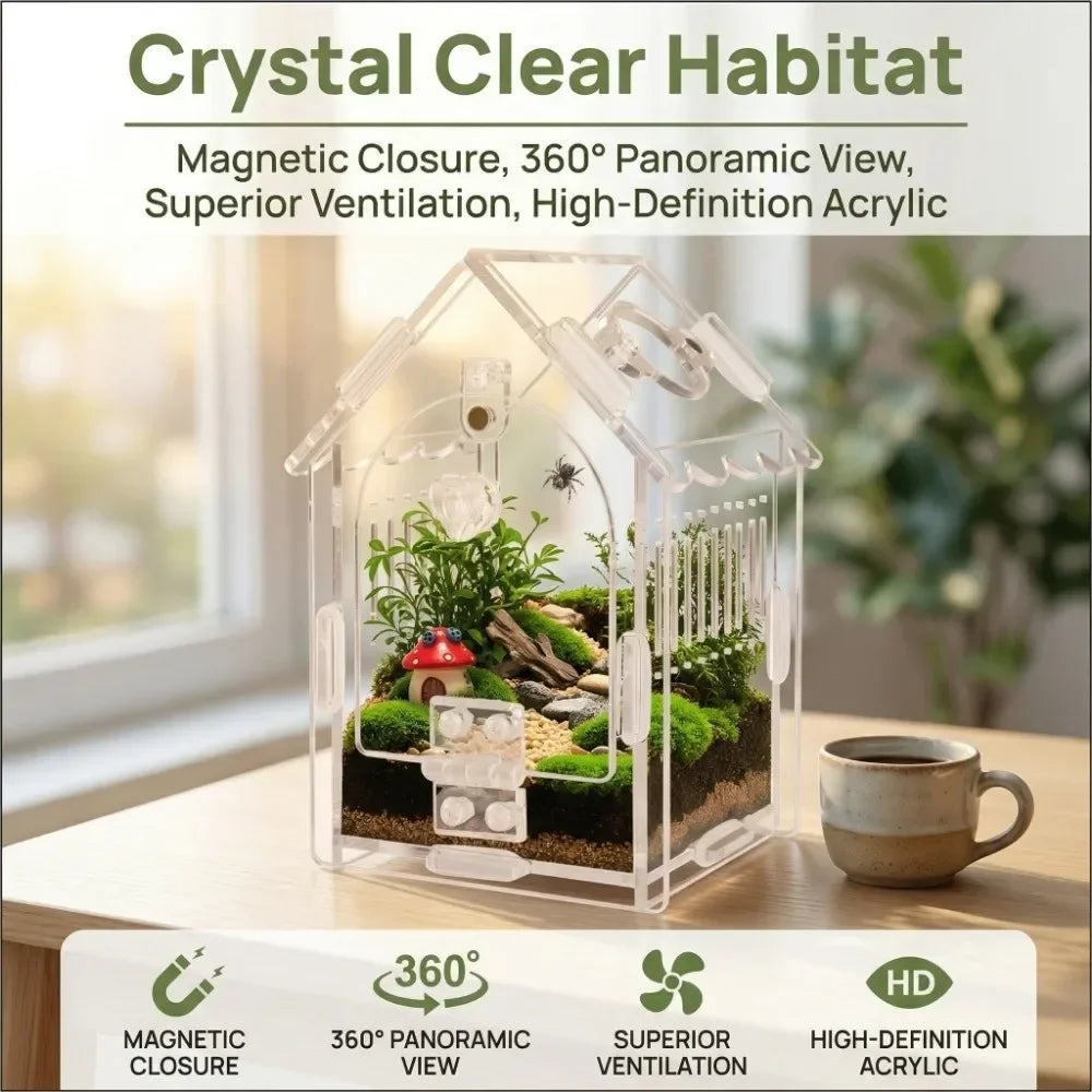 Portable Jumping Spider Enclosure Front Opening Removable Reptile Terrarium with Feeding Port Transparent