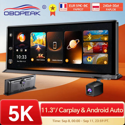 K8 Pro 11.3"  Touch Screen Car Camera 5K Dash Cam GPS 5G WiFi Wireless CarPlay & Android Auto Loop Recording GPS Navigation DVR