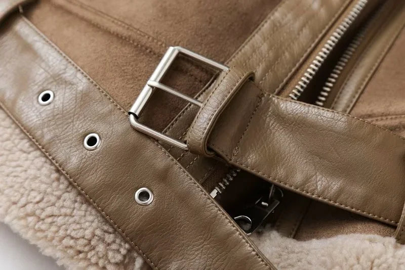 Winter Faux Shearling Sheepskin Fake Leather Jackets Lady Thick Warm Suede Lambs Motorcycle Brown Coats Mujer Chaqueta A407