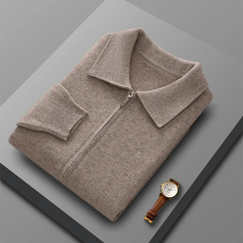Men's 100% Merino Wool Thickened Sweater Polo Collar Business Zippered Cardigan Autumn Winter New Cashmere Jacket Knitted Top