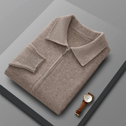 Men's 100% Merino Wool Thickened Sweater Polo Collar Business Zippered Cardigan Autumn Winter New Cashmere Jacket Knitted Top
