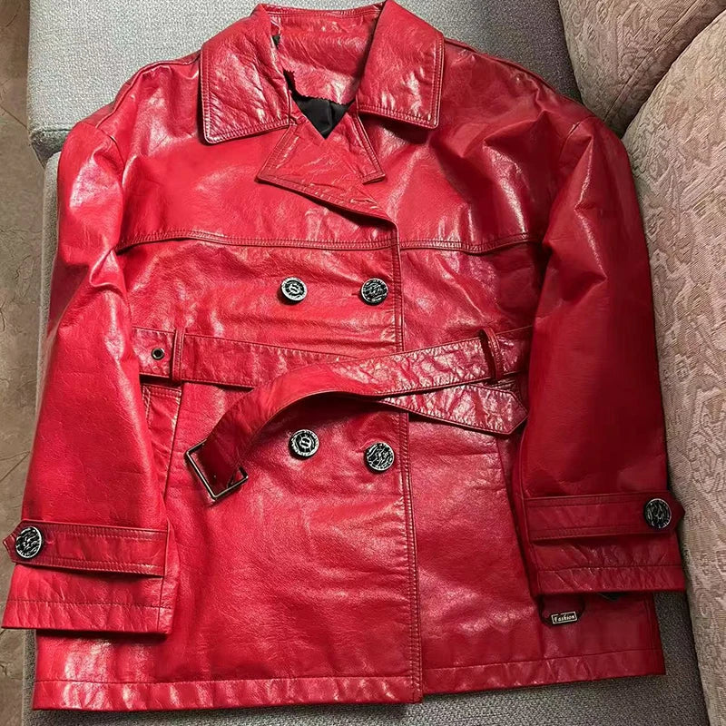 Roupas Femininas Autumn Women Suit Collar Lace-up Waist Oil Wax Sheepskin Gabardina Mujer Vintage Red Short Leather Trench Coat