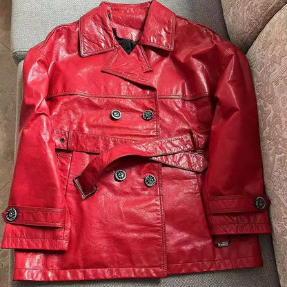 Roupas Femininas Autumn Women Suit Collar Lace-up Waist Oil Wax Sheepskin Gabardina Mujer Vintage Red Short Leather Trench Coat