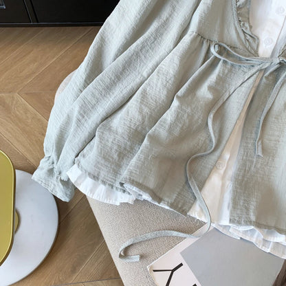 Korean Casual Sweet Fungus Lace Collar Women's Shirt Top Autumn New Women Fashion Fake Two-Piece Lace Up Long Sleeved Shirt