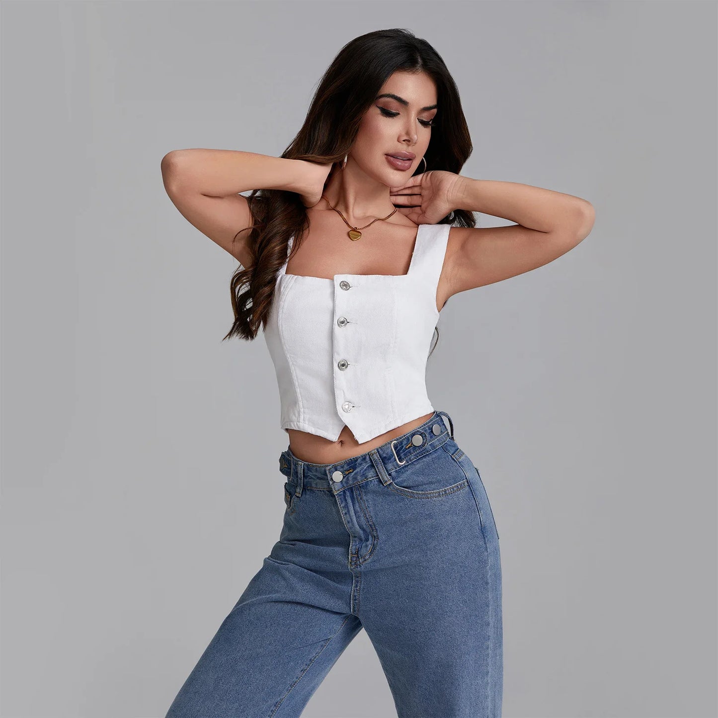 Summer Denim Tank Tops Women Slim Fit Square Neck Backless Back Shirred Sleeveless Button Down Crop Tops for Party Club Night