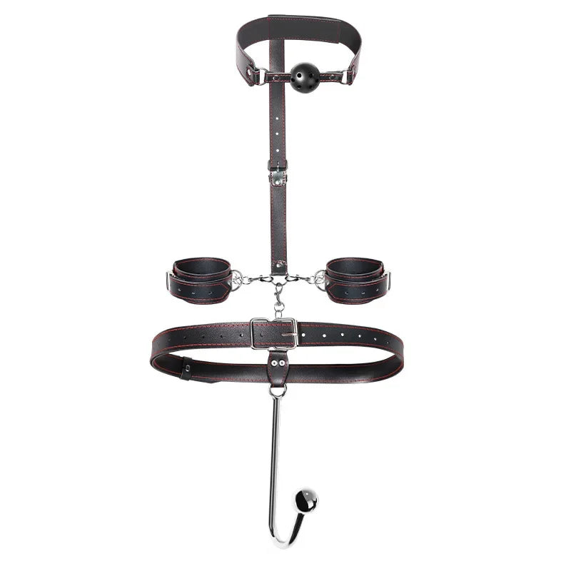 Sexual Bondage Restraint Kit BDSM Leather Thigh Sling Breast Belt Rear Handcuffs Spread Legs Slave Fetish Anal Hooks Fetish