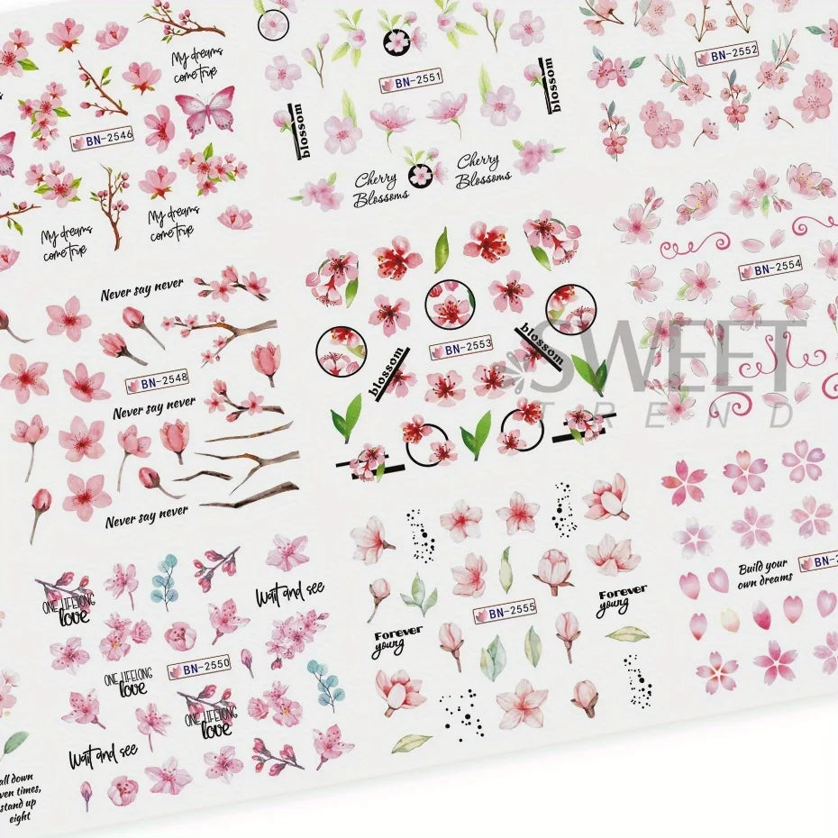 12pcs Pink Cherry Blossom Water Nail Sliders Winter New Year Sakura Floral Leaves Stickers DIY Charm Accessories Manicure Decor