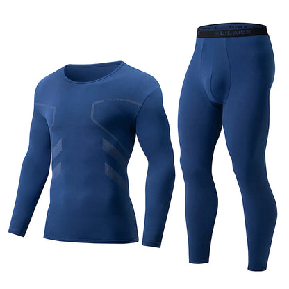 2-piece Men's Autumn And Winter Solid Color Round Neck Fashionable Printed Sports Thermal Underwear Set Simple And Comfortable