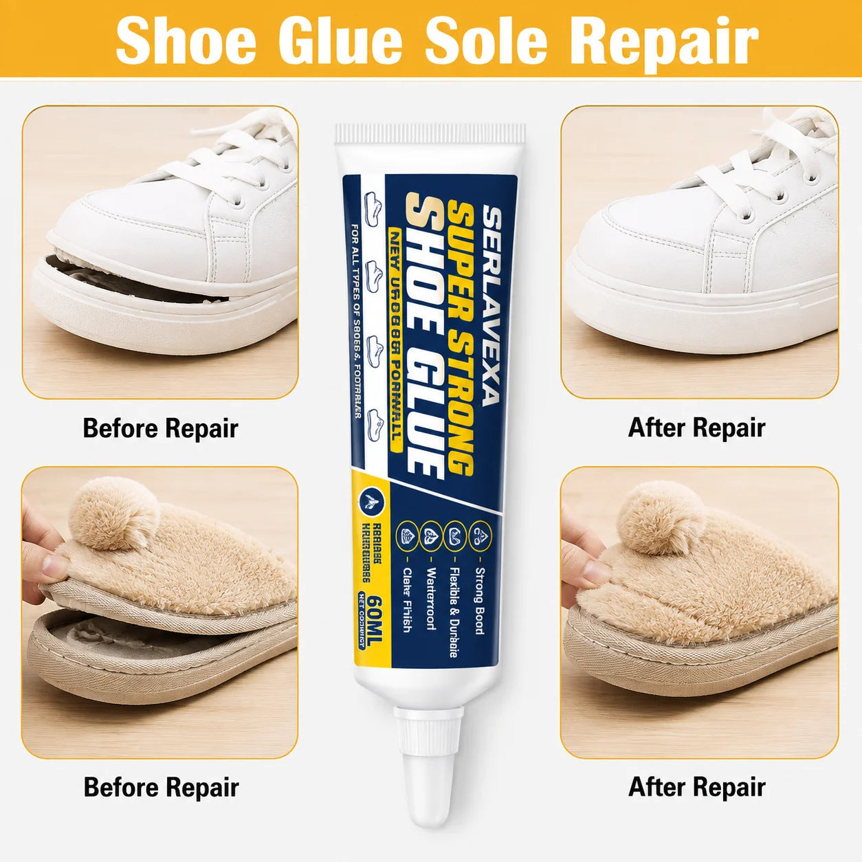 2PCS 60ml Shoe Sole Adhesive Repair Kit with Applicator Tools for Sneakers Boots Leather Rubber Canvas Flexible Footwear Fix