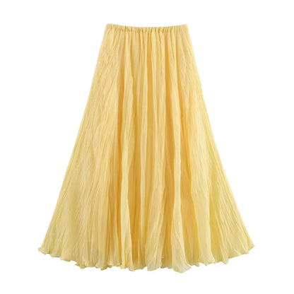 HH Women Elastic Waist Pleated Maxi Skirt Flowy A Line Pleated Long Skirt In Yellow White Pink For Spring Summer Beach Vacation